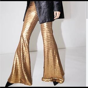 Free People Party Slim Flare Matte Gold Sequin Fully Lined Side Zip Pants